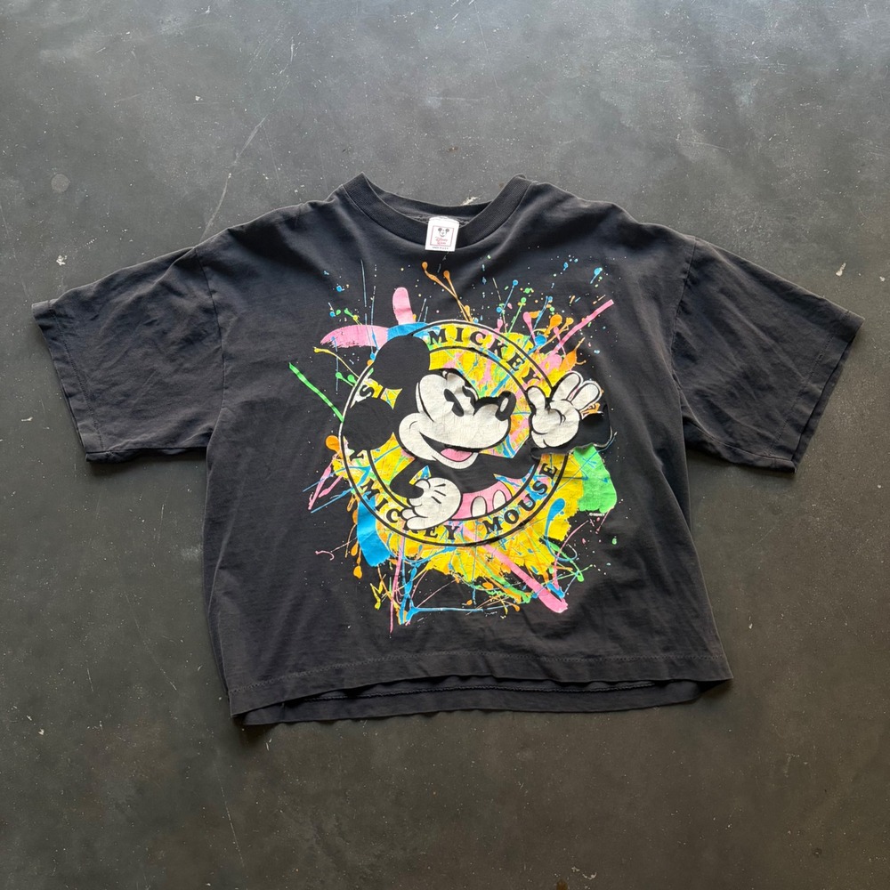 Vintage Disney Wear Mickey Mouse Paint Splatter T-Shirt Black 90s USA Made Large
